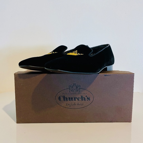 Church's Sovereign Black Velvet Gold Crown Embroidered Men's Evening Loafers 7 F - Picture 2 of 16